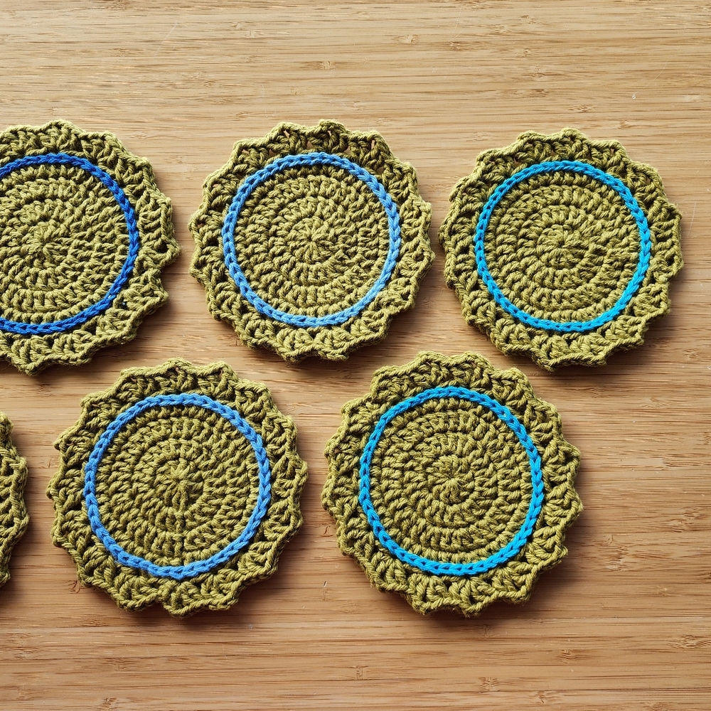 Handmade Crochet Coasters Green and Blue Set of Six